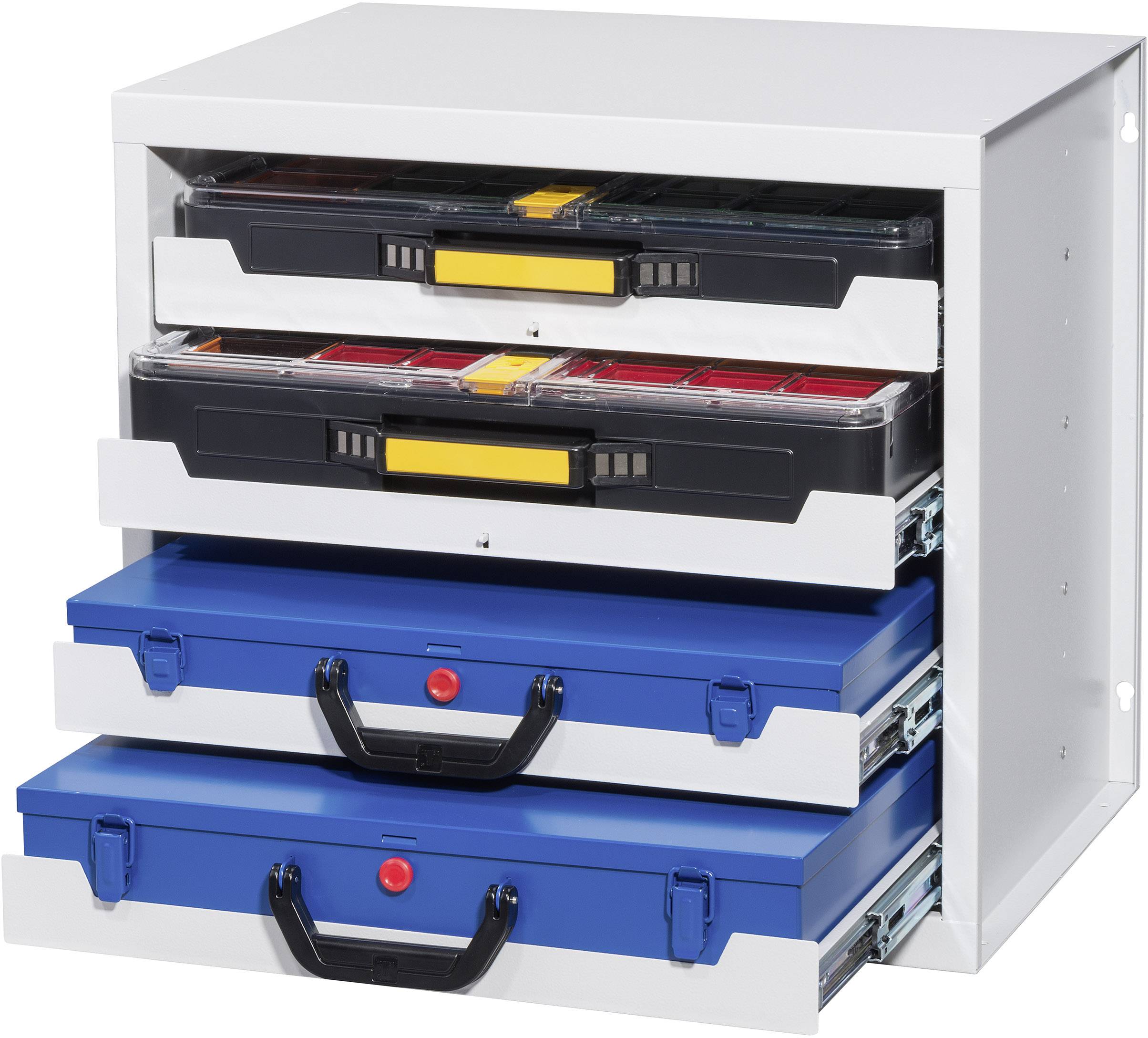 White wardrobe with four drawers, two of which are open. Each drawer contains blue or black tool cases with handles.