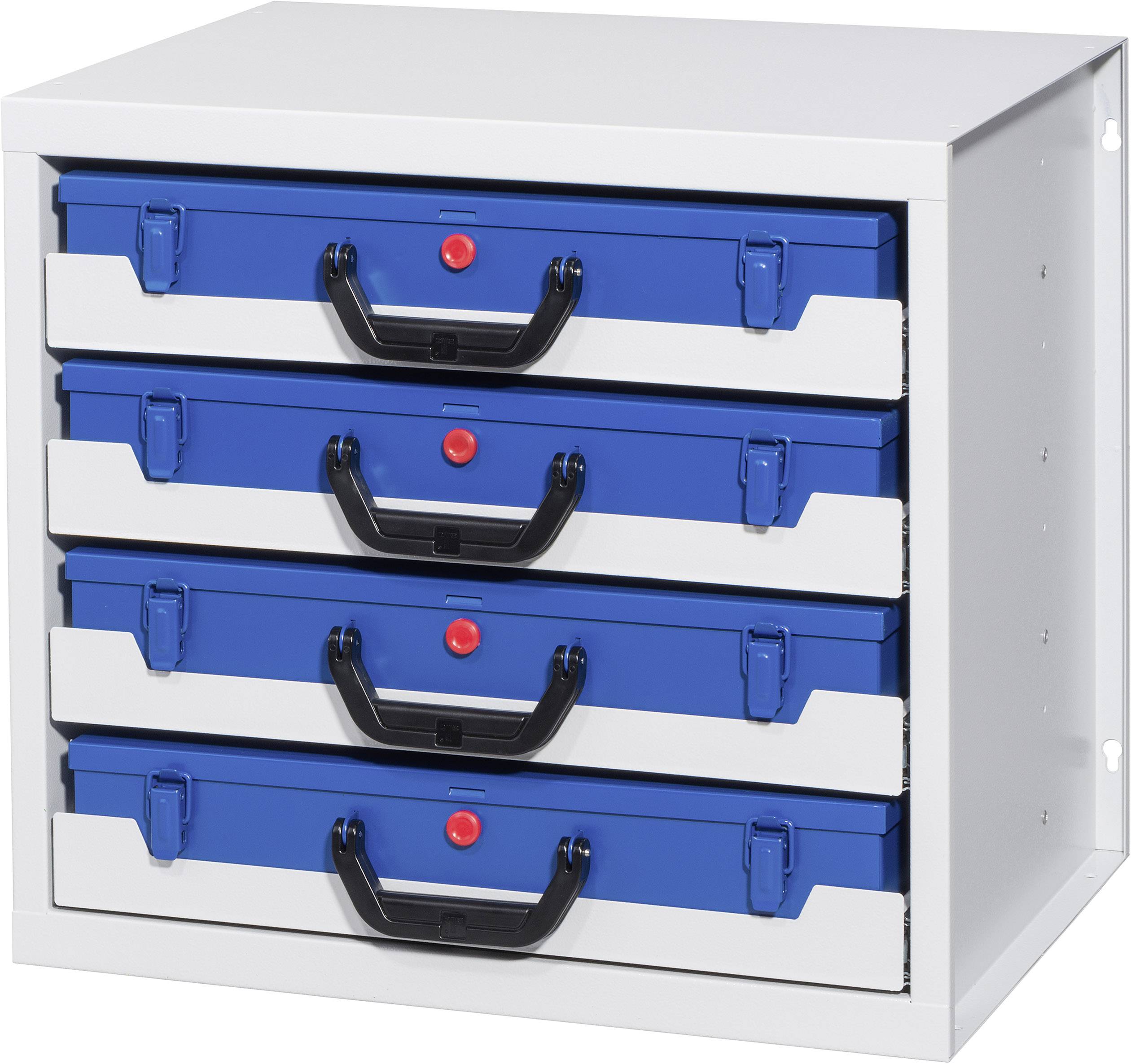 Metal cabinet with four blue drawers, each fitted with a black handle and red locking button, suitable for tool storage.
