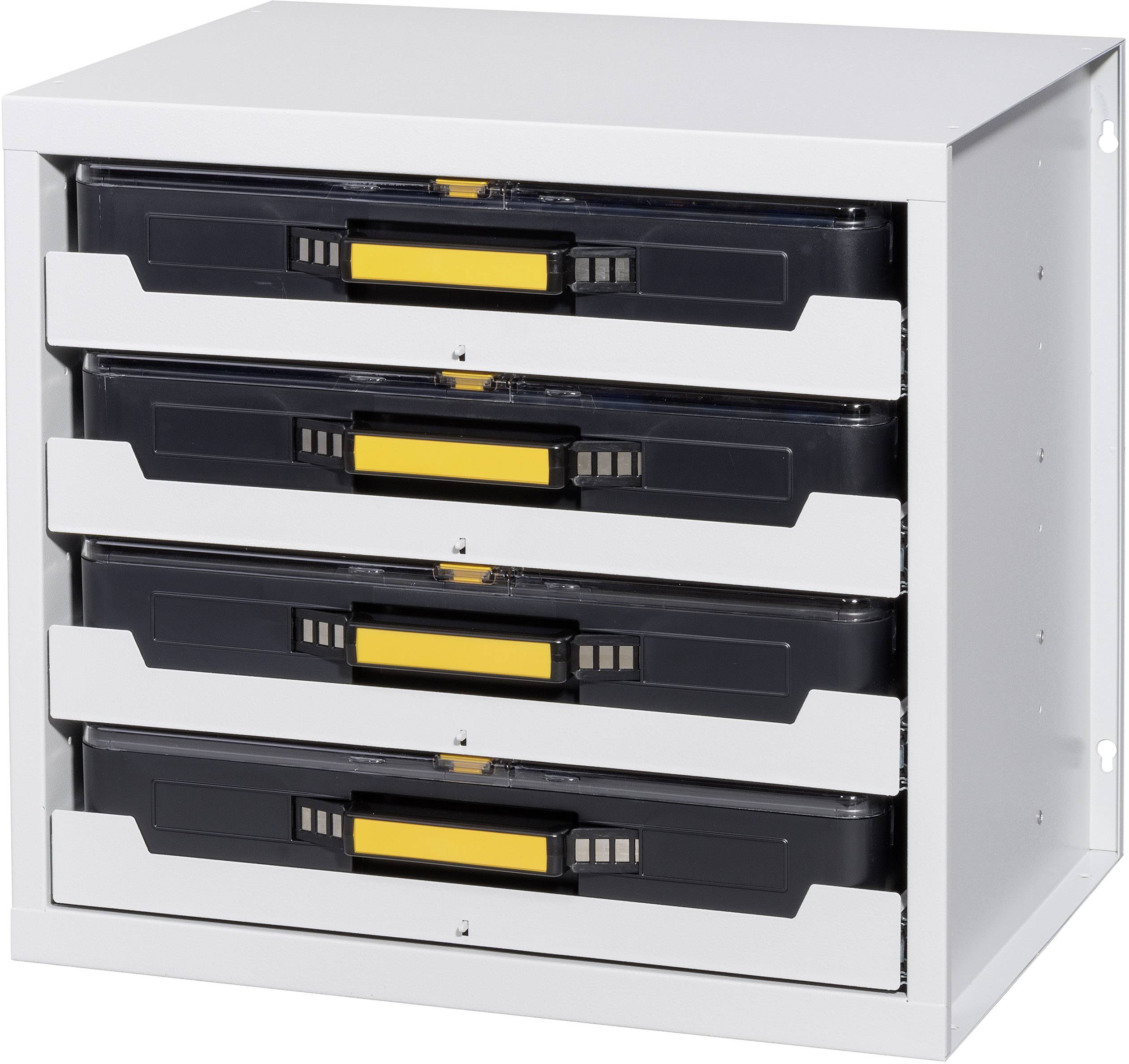 A white filing cabinet with four drawers, each fitted with a yellow handle. Ideal for office organisation.