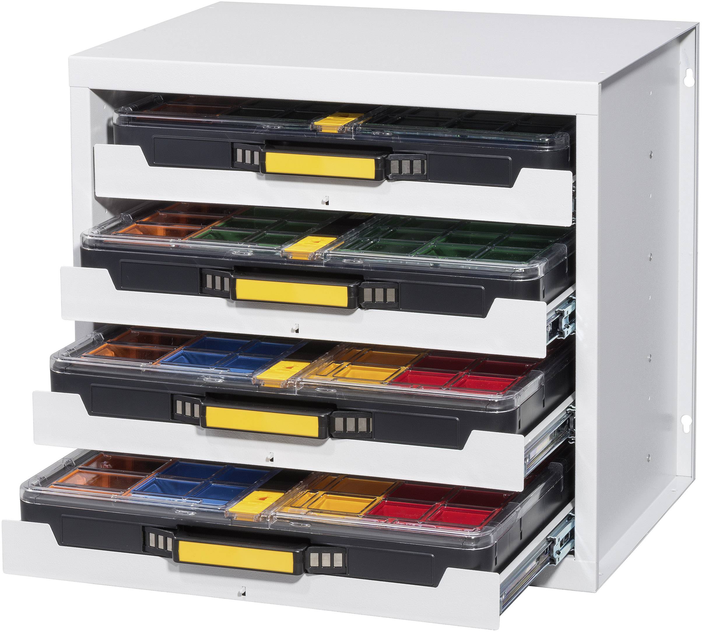 A white cabinet with four pull-out drawers, containing transparent boxes with compartments in various colours.