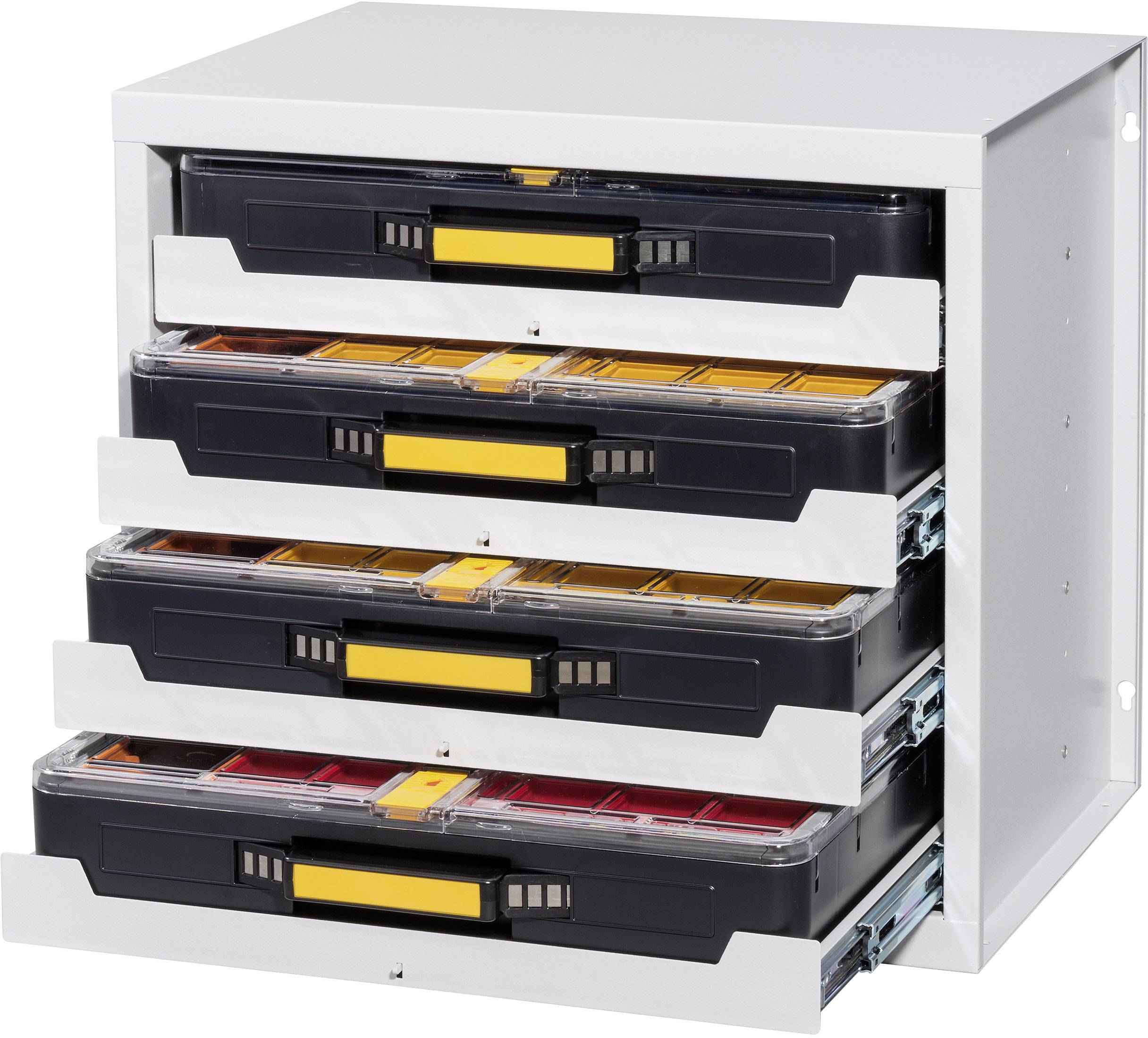 Metal filing cabinet with four open drawers, filled with black boxes featuring yellow handles. Perfect for organised storage.