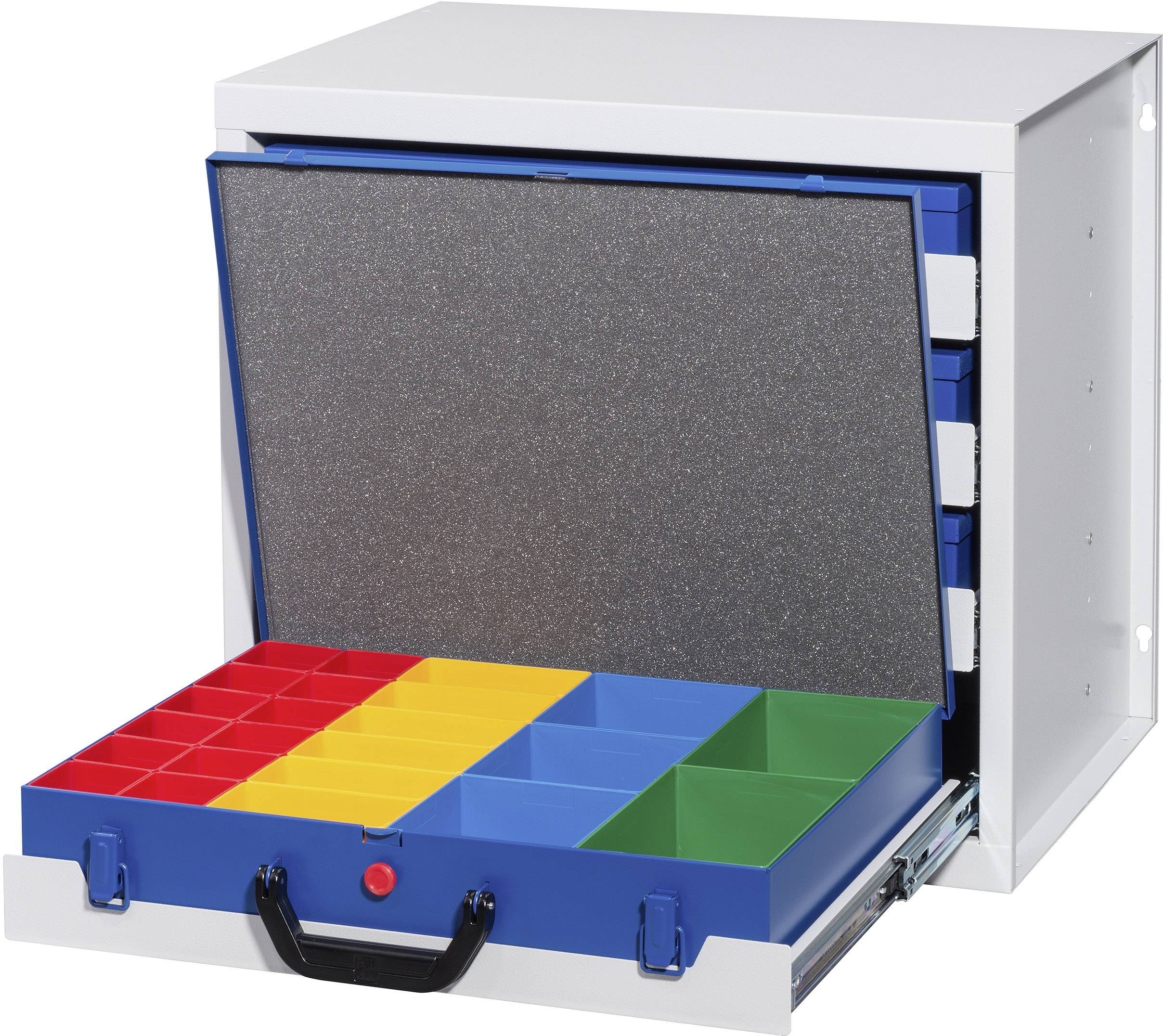 Metal box with open compartments and a removable plastic container featuring red, yellow, green and blue compartments.