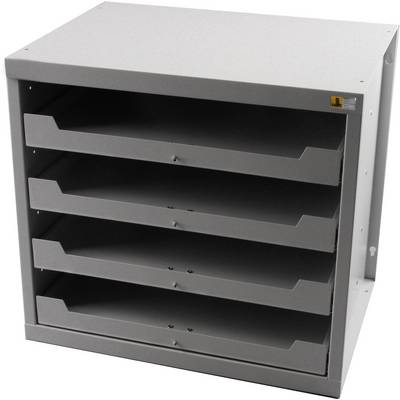 A grey filing cabinet with four horizontal drawers for organising documents. It stands freely in the room.