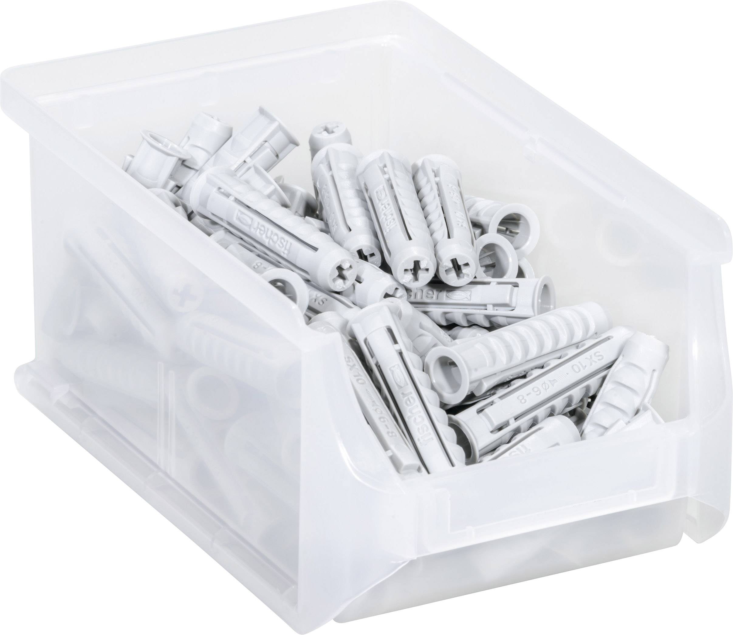A transparent box contains many white wall plugs with a cross-head design in various sizes, for securing screws in walls.