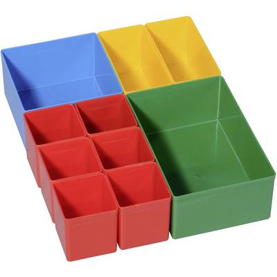 Colourful plastic cubes in various sizes and colours (blue, yellow, red, green), arranged in a 3x3 pattern.