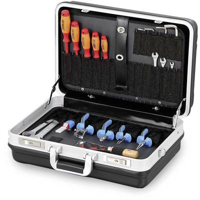 An opened toolbox with various screwdrivers, pliers, spanners, and other hand tools.