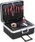 An open toolbox with multiple screwdrivers in the lid and sellotape, craft knife, tape measure and torch in the lower compartment.