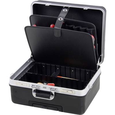 An open black tool case with removable dividers and several inserted screwdrivers in the lid.