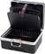 An open black tool case with removable dividers and several inserted screwdrivers in the lid.