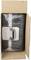 'Black suitcase in an open, upright cardboard box, with visible metal clasps and carry handle.'