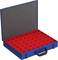 Blue tool box with hinged lid, interior featuring 40 red compartments for storing small parts, with a black handle at the front.