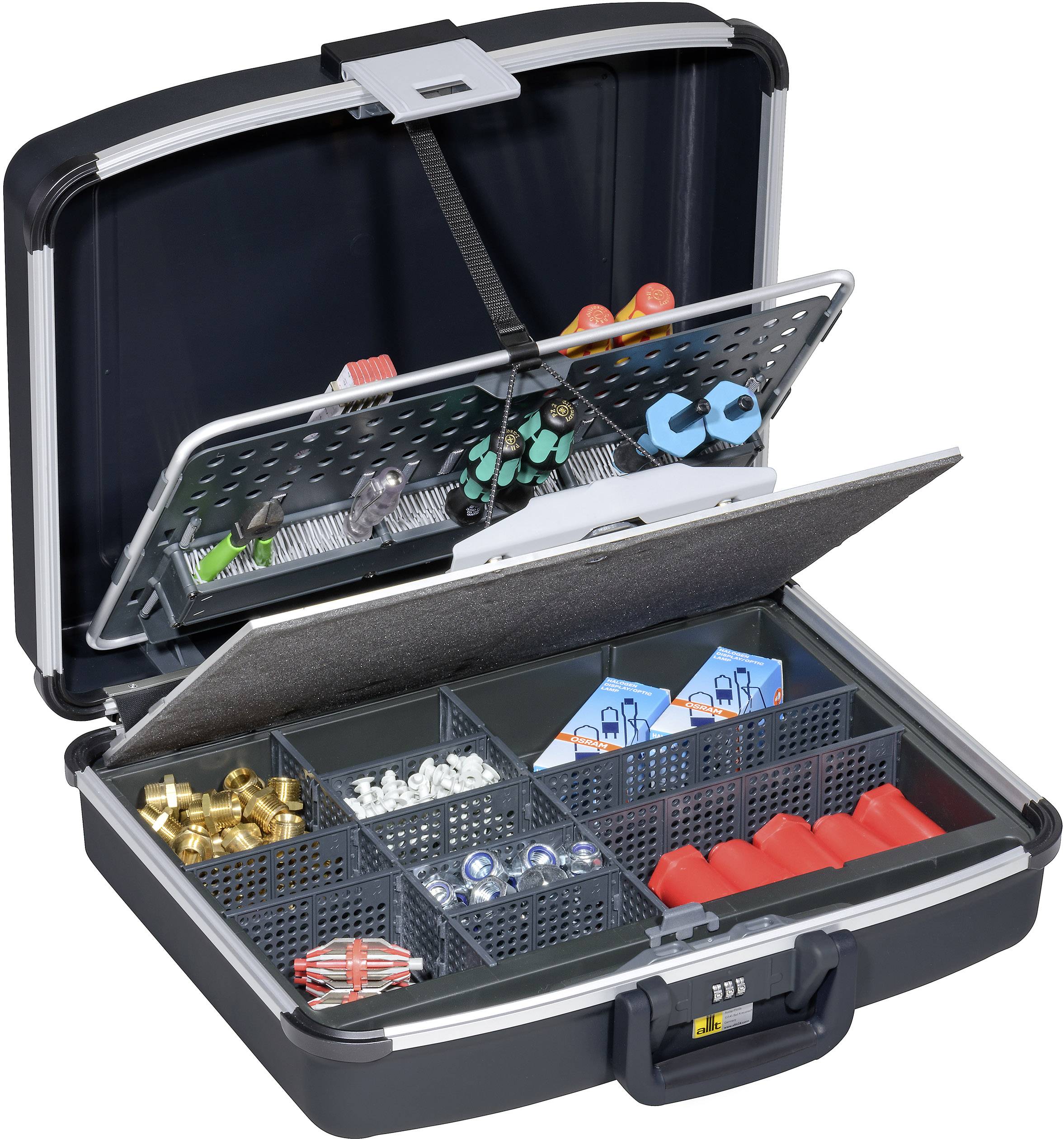 An open-lidded toolbox displays sorted compartments with tools and small components, including wall plugs, screws, and connectors.