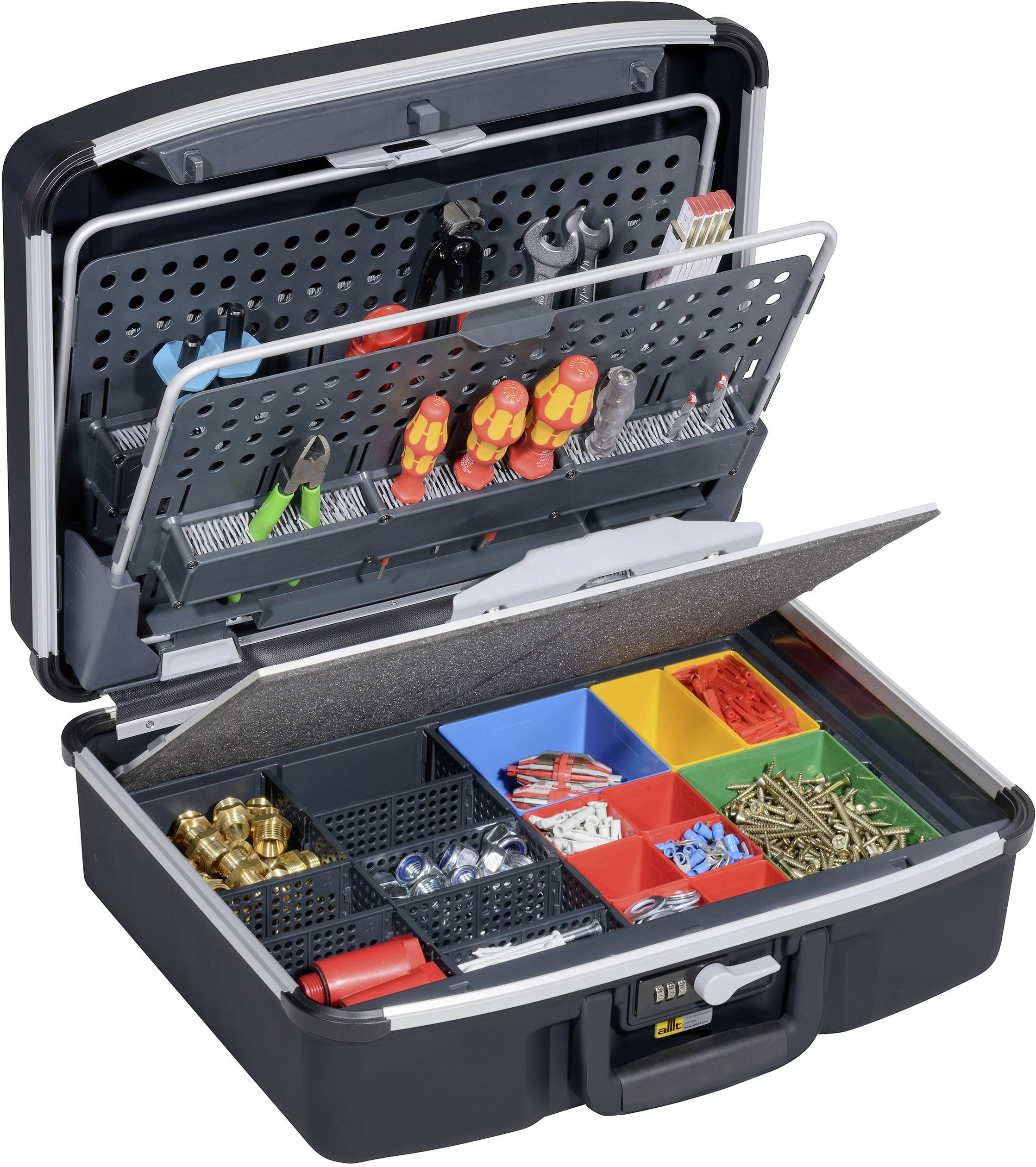 Open toolbox with various tools and small parts, including screwdrivers, screws and wall plugs, neatly arranged.