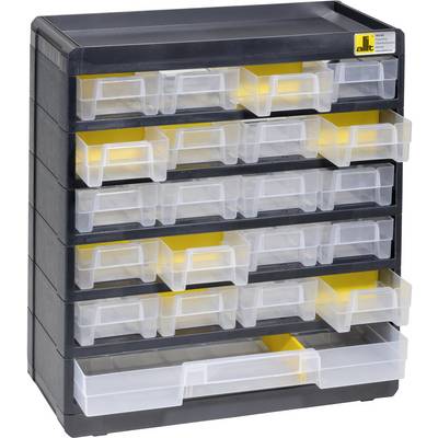 A black plastic insert with multiple transparent drawers, suitable for storing small items or tools.