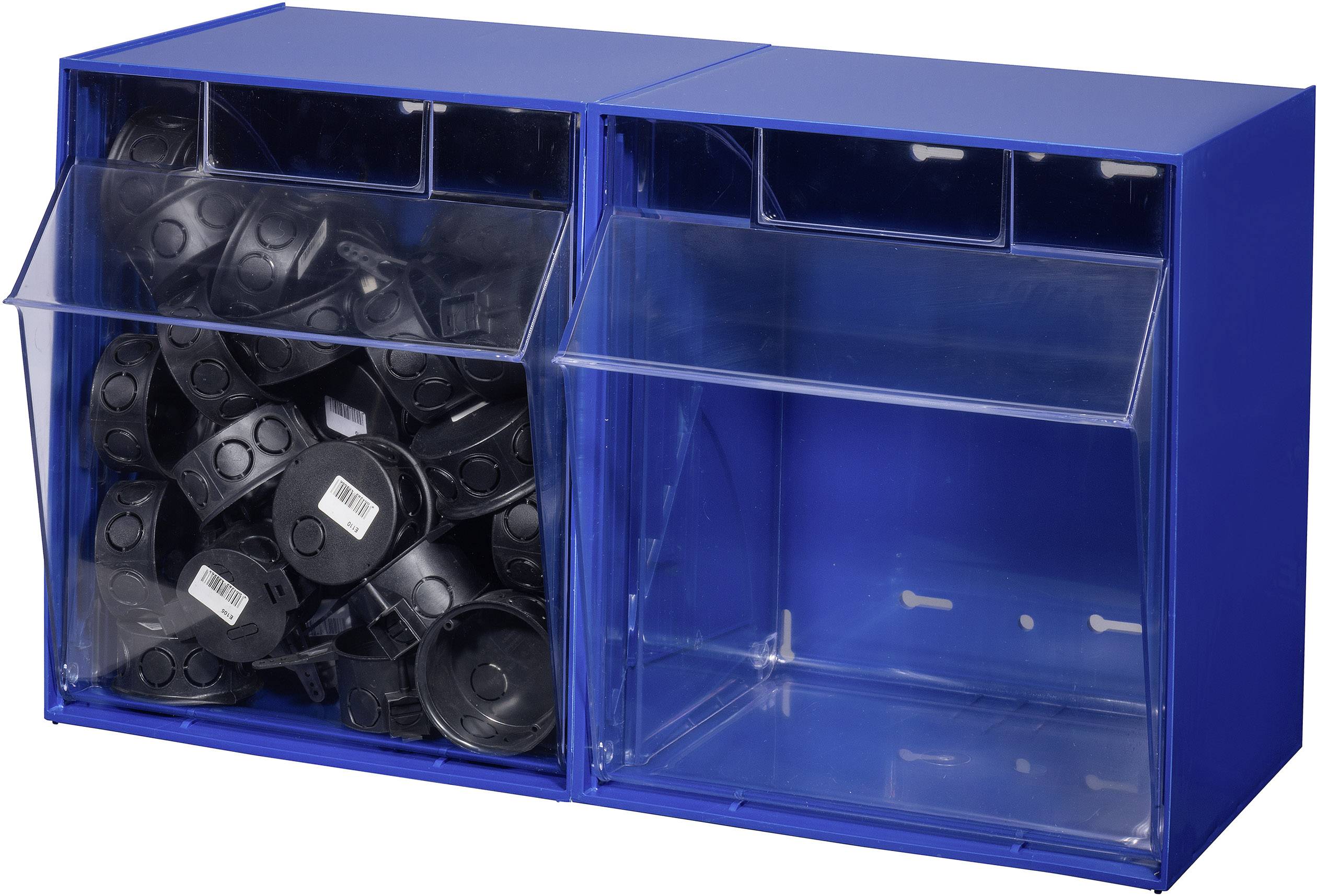 'Two blue storage boxes with hinged lids; the left one contains black plastic lids with barcodes, the right one is empty.'