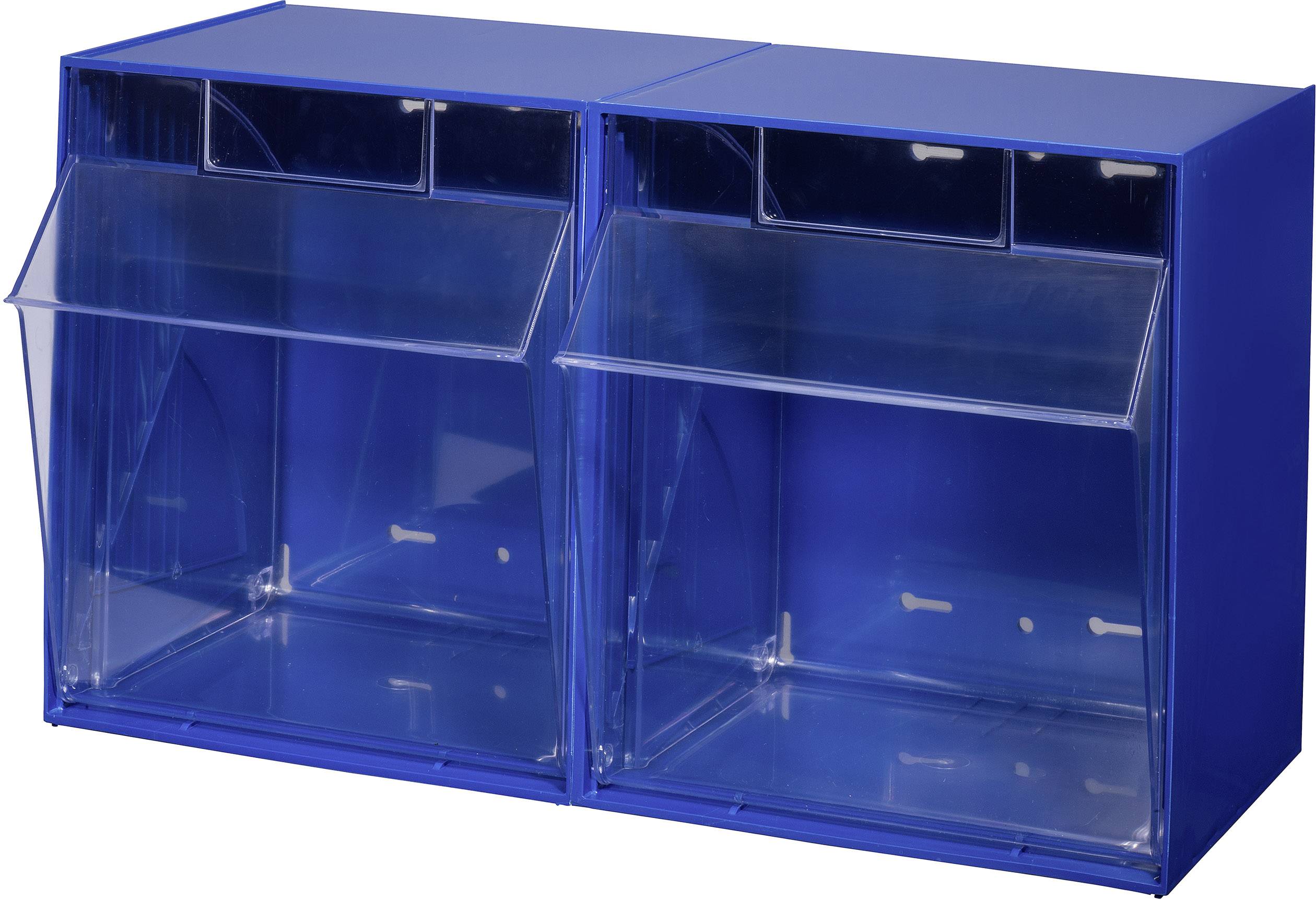A blue double storage shelf with two flaps and small upper compartments, ideal for organising materials.