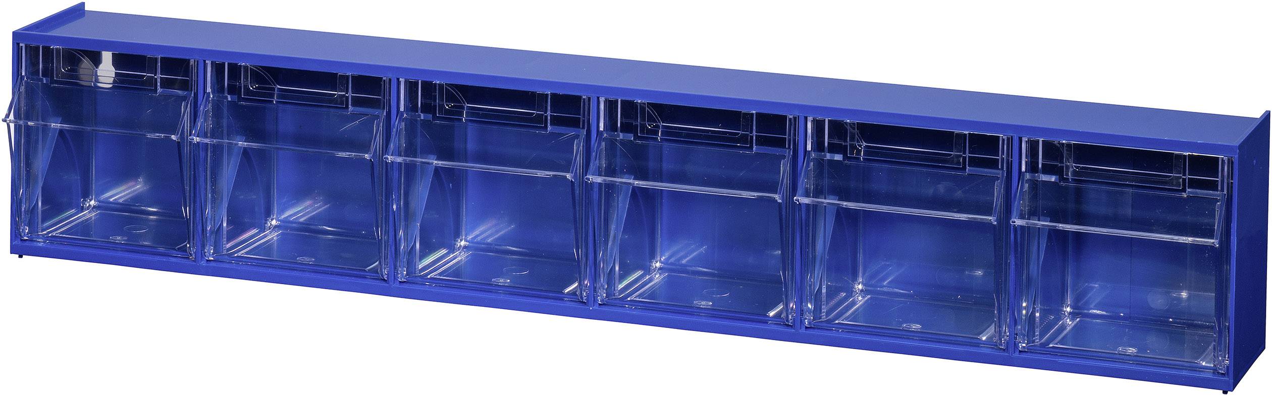 A blue, six-compartment plastic organiser for storing small items, such as screws or nails.