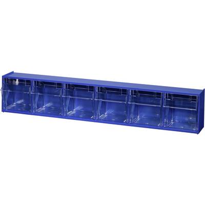 A blue, six-compartment plastic organiser for storing small items, such as screws or nails.