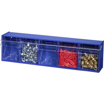 A blue plastic organiser with five transparent compartments, filled with metal nuts, red plugs, and brass connectors.