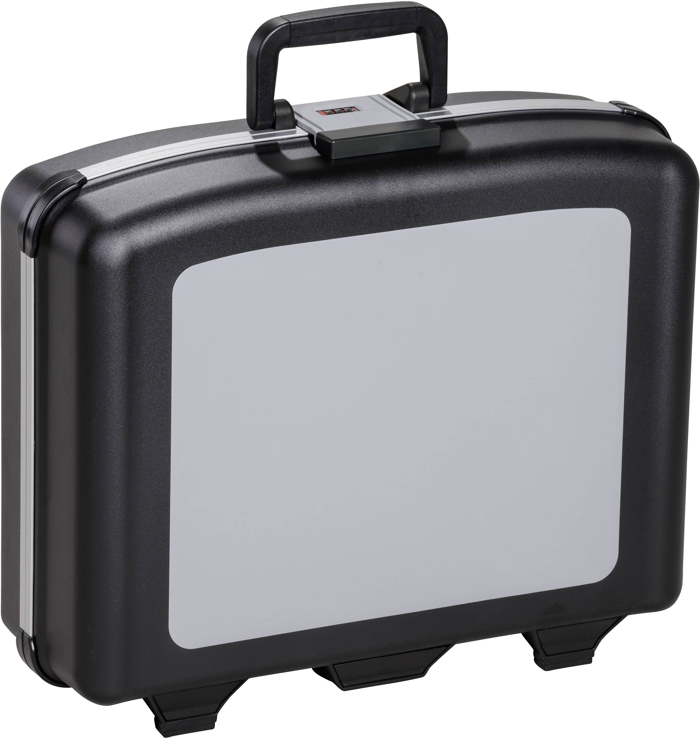 A black briefcase with a silver lock and handle, standing upright, provides storage space for documents or small items.