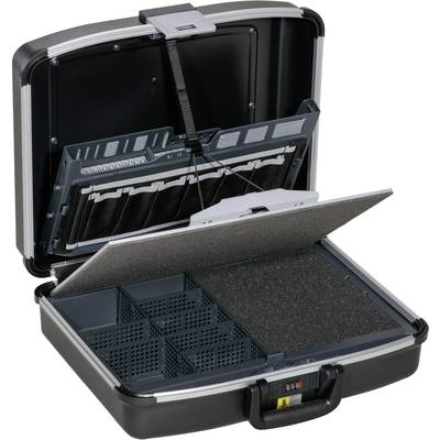 A black briefcase with multiple compartments and foam padding, suitable for securely storing items.