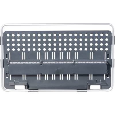 Grey metal perforated plate with a rectangular frame and slots at the bottom, likely used as a tool holder or organisational system.