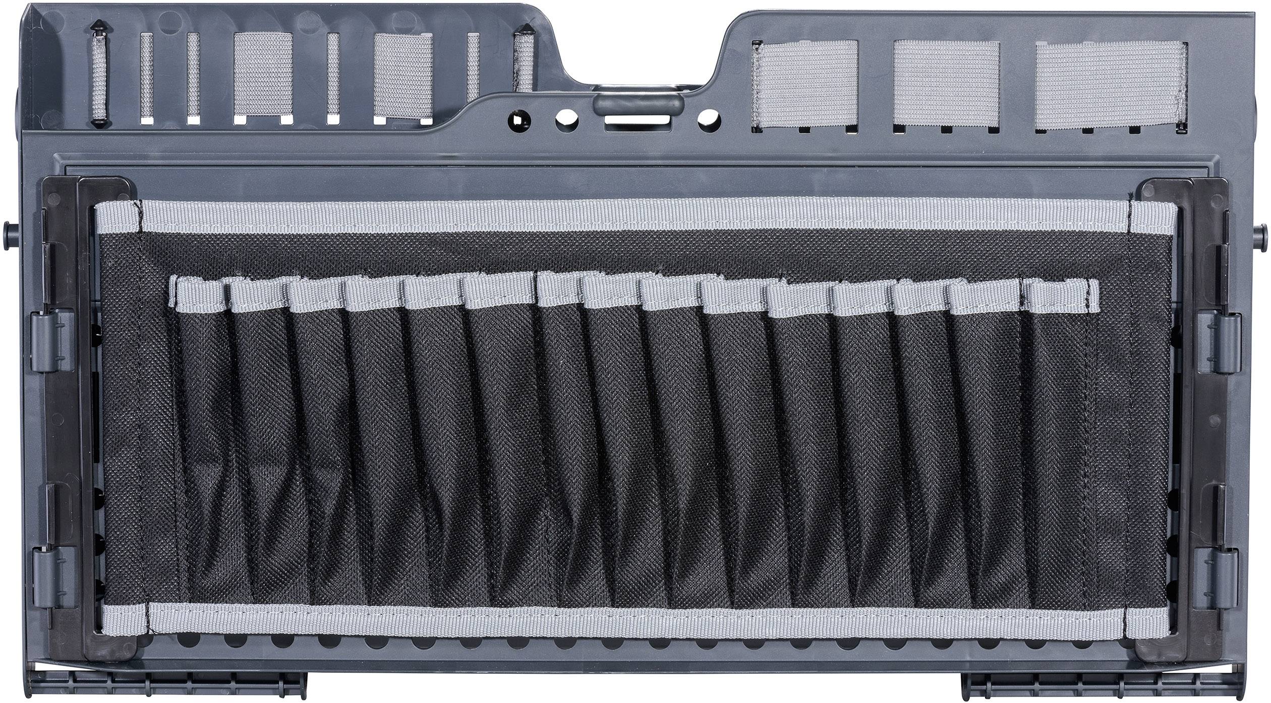 A black, rectangular divider system for storage with multiple compartments and elastic bands, suitable for tools or accessories.