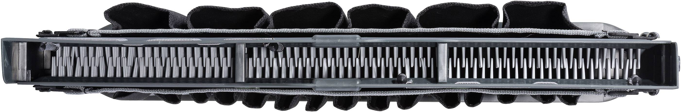 Graphics card cooler, side view, showing cooling fins and fan blades for heat dissipation in computer hardware.