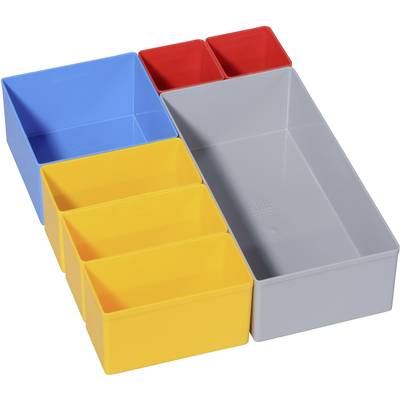 Colourful, interlocking storage boxes in various sizes and colours: Blue, Yellow, Grey and Red, arranged on a table.