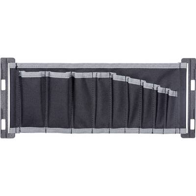 Fabric bag in a rectangular shape with multiple compartments of varying sizes, suitable for storing tools or utensils.