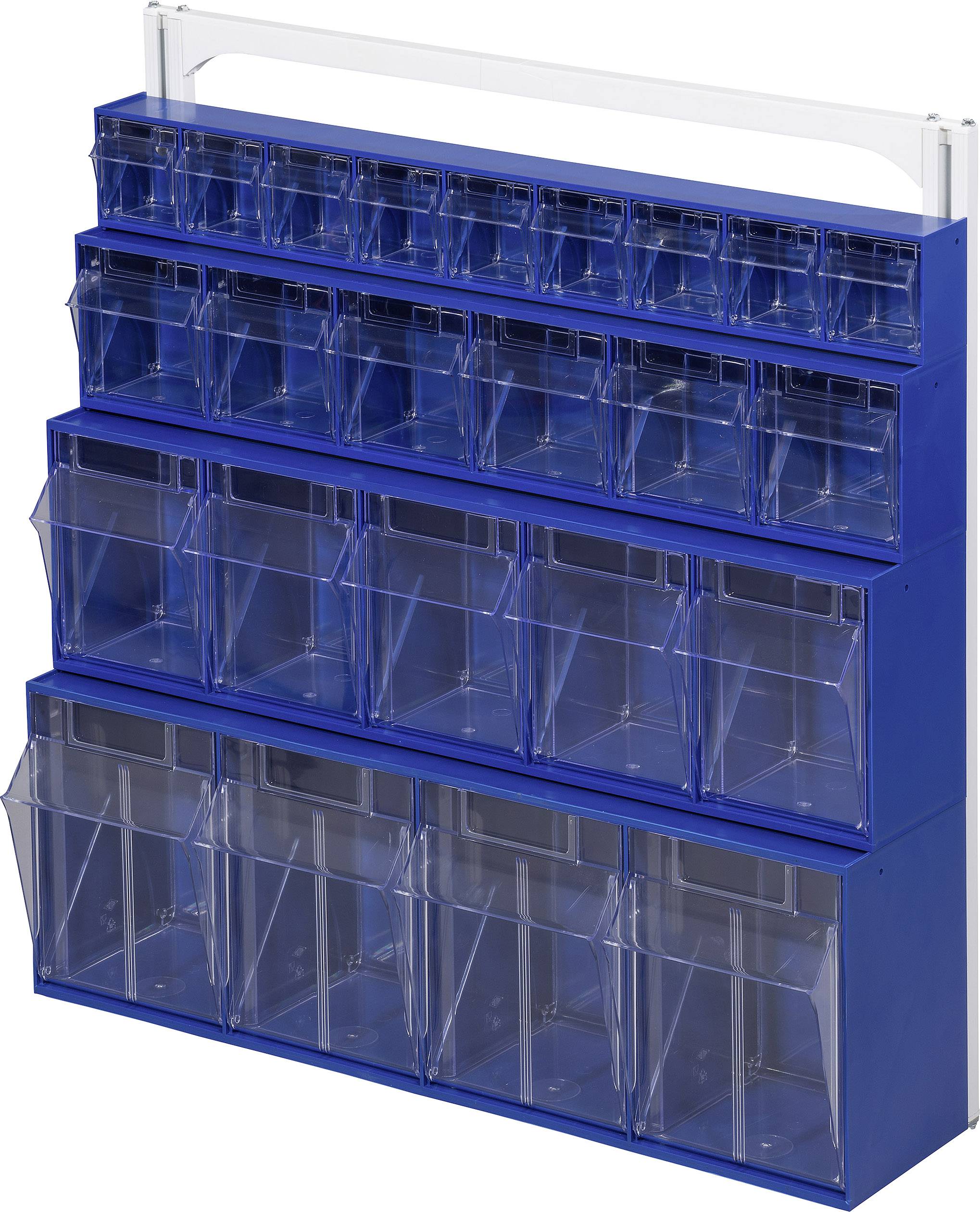 A blue organiser with three rows of plastic compartments in varying sizes for storing small items.