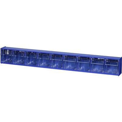 Blue storage organiser with eight transparent compartments, suitable for storing small items in workshops or offices.