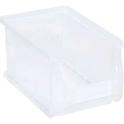 Translucent, rectangular plastic container with an open end and stacking ridges on the sides, suitable for storage.