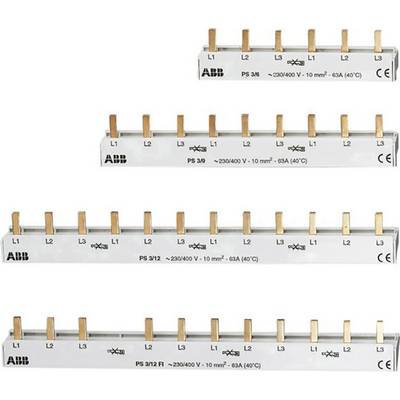 'ABB' phase busbar with copper contacts, labelled 'PS 3/6'. Suitable for 230/400V, 63A, 10mm², shown in four sizes. CE marked.