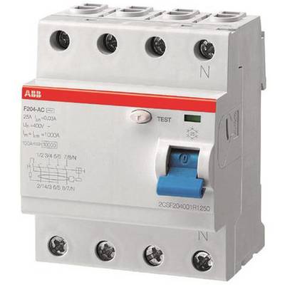 A residual current device (RCD) with a blue test button and four connection terminals. It is set to 25A and 30mA and is used for circuit interruption.