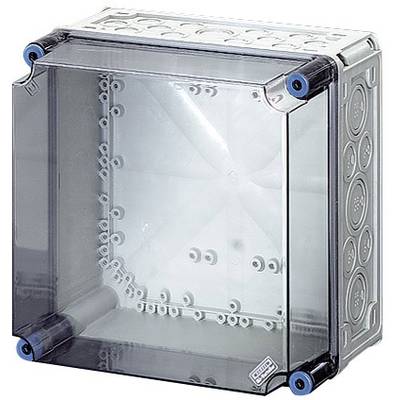 'Empty transparent plastic box with openings and blue screws at the corners, likely for electronic applications.'
