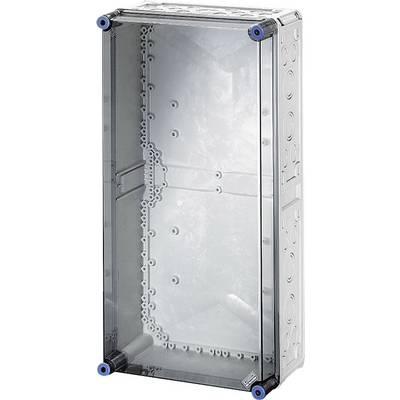 Transparent electrical junction box with clear cover and multiple entry points, suitable for use in damp environments.