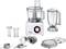 A food processor set with multiple attachments, including a blender, cutting inserts and dough hooks, suitable for versatile cooking.