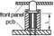 Diagram of an LED mounting through a front panel and a printed circuit board (PCB). Arrows indicate position and orientation.