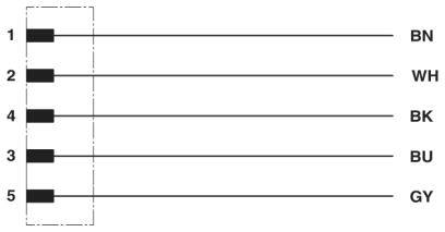 'Diagram shows five horizontal lines, with each line connected to a rectangle labelled BN, WH, BK, BU, GY.'