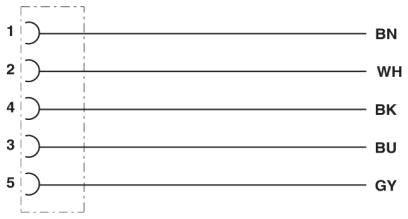 Diagram with five numbered circles connected by lines to the abbreviations 'BN', 'WH', 'BK', 'BU' and 'GY'.