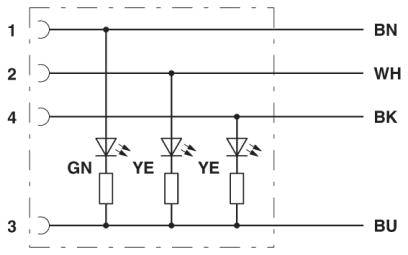 Circuit diagram shows an electrical connection of LEDs (green, yellow) with resistors connected to lines BN, WH, BK and BU.