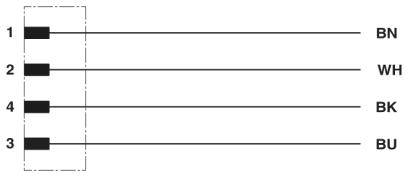 Diagram shows cable: '1' is brown (BN), '2' is white (WH), '4' is black (BK), '3' is blue (BU).