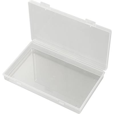 An open rectangular, transparent plastic box without contents, shows its empty interior surface and closed sides.