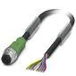 An industrial cable with a green plug and exposed, colour-coded wires.