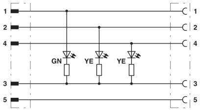 Circuit diagram with three LED indicators, two yellow 'YE', one green 'GN', connected to five terminal blocks.