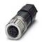 A black and silver M12 connector. Commonly used in industrial automation for connecting sensors and actuators.