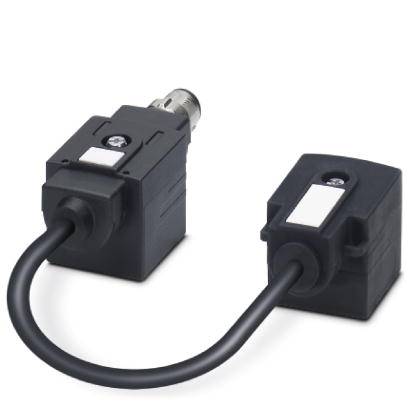 A black, rectangular sensor module with cable and connector. It is suitable for industrial applications for position or object detection.