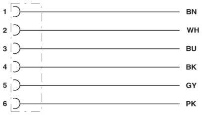 Diagram with six horizontal lines: 1 to BN, 2 to WH, 3 to BU, 4 to BK, 5 to GY, 6 to PK. Lines run parallel.