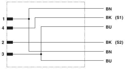 Circuit diagram with two switch symbols (S1, S2) and connections. Wires are labelled BN, BK, BU, connecting terminals 1-4.
